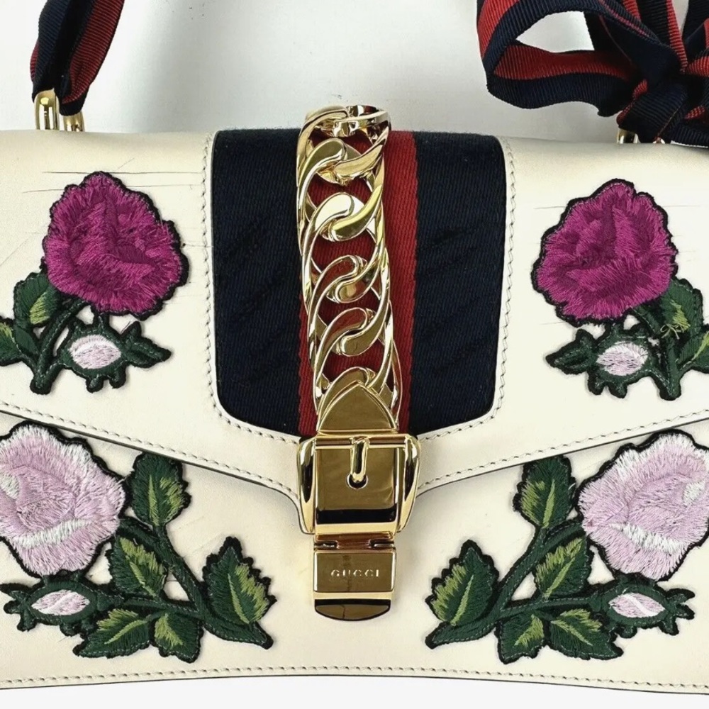 SOLD-Gucci Sylvie Leather Shoulder Bag White Embroidered Web Strap 10"x6.5" - Picture 2 of 15